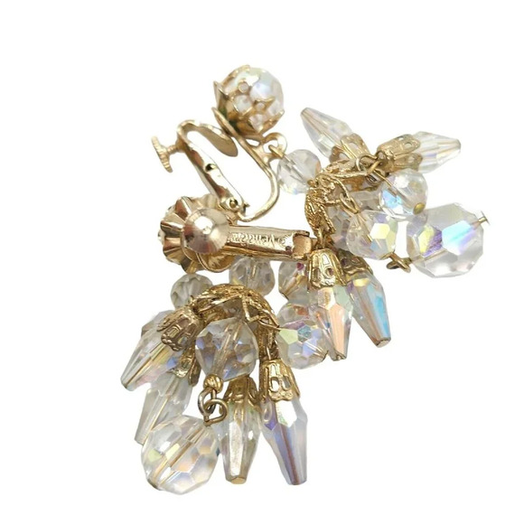 VENDOME Earrings Clip On Cluster Clear AB Bead Drop Dangle Earrings Signed - Picture 5 of 5